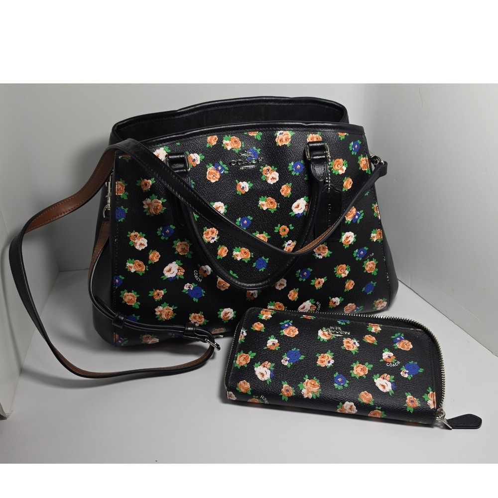Coach Margot Tea Rose Carryall Bag and Wallet Set Black Floral Leather F57529